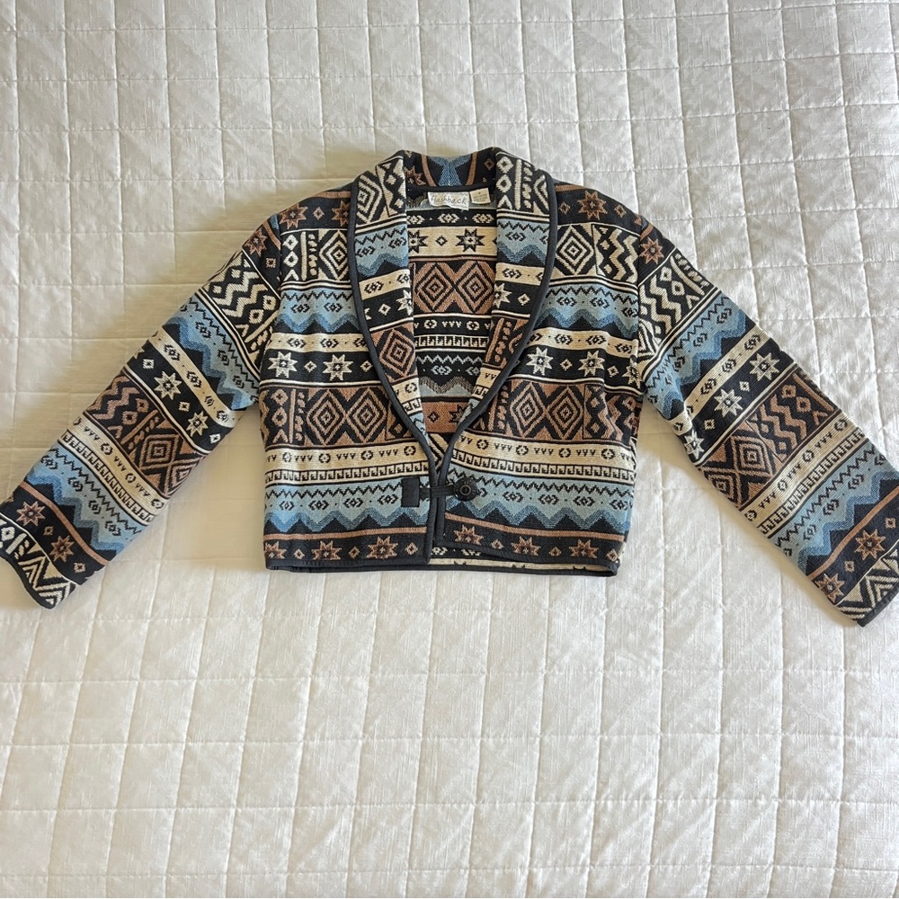 Blue and Brown Geometric Blazer with Knit Design